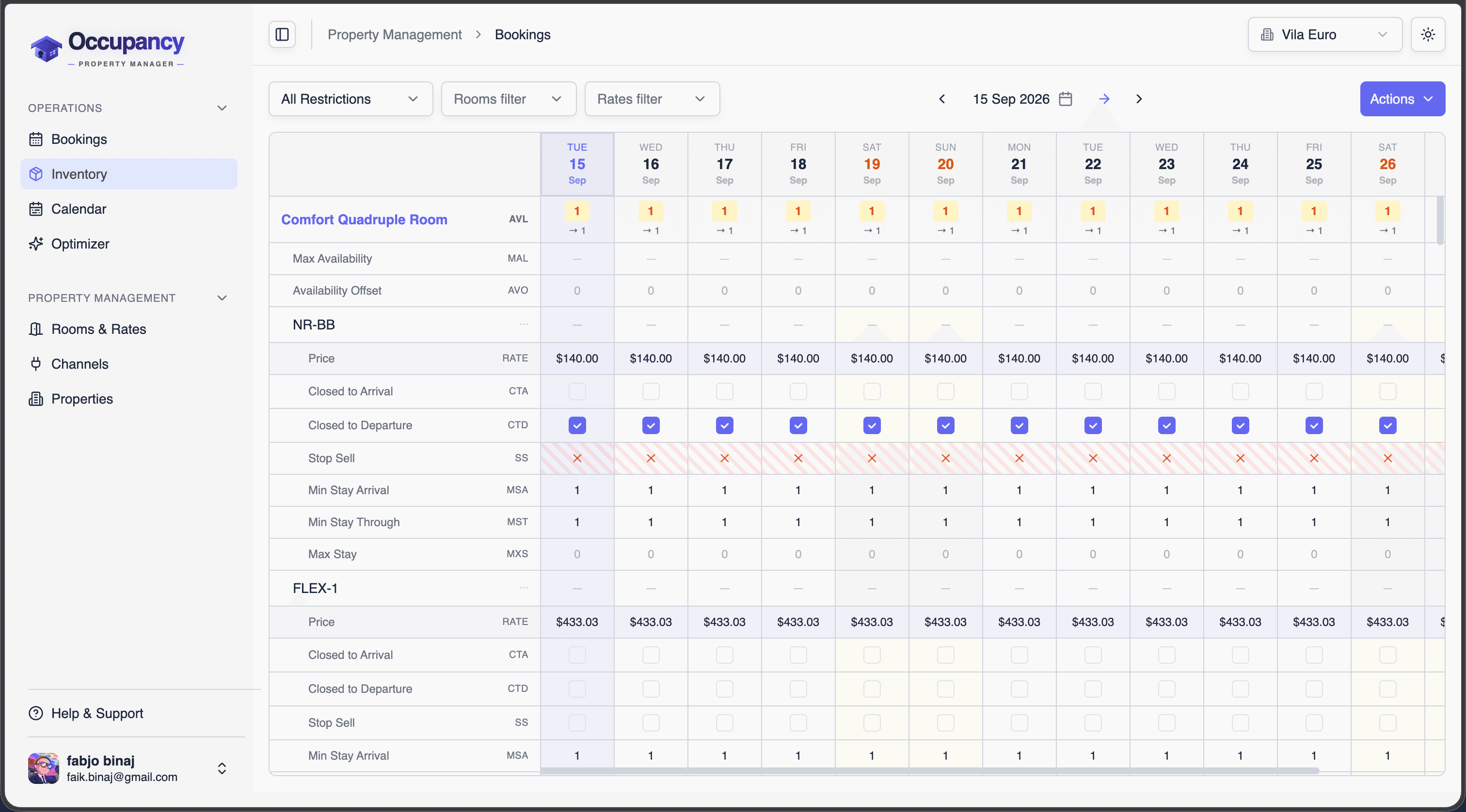 Occupancy availability calendar with reservations across every room and channel
