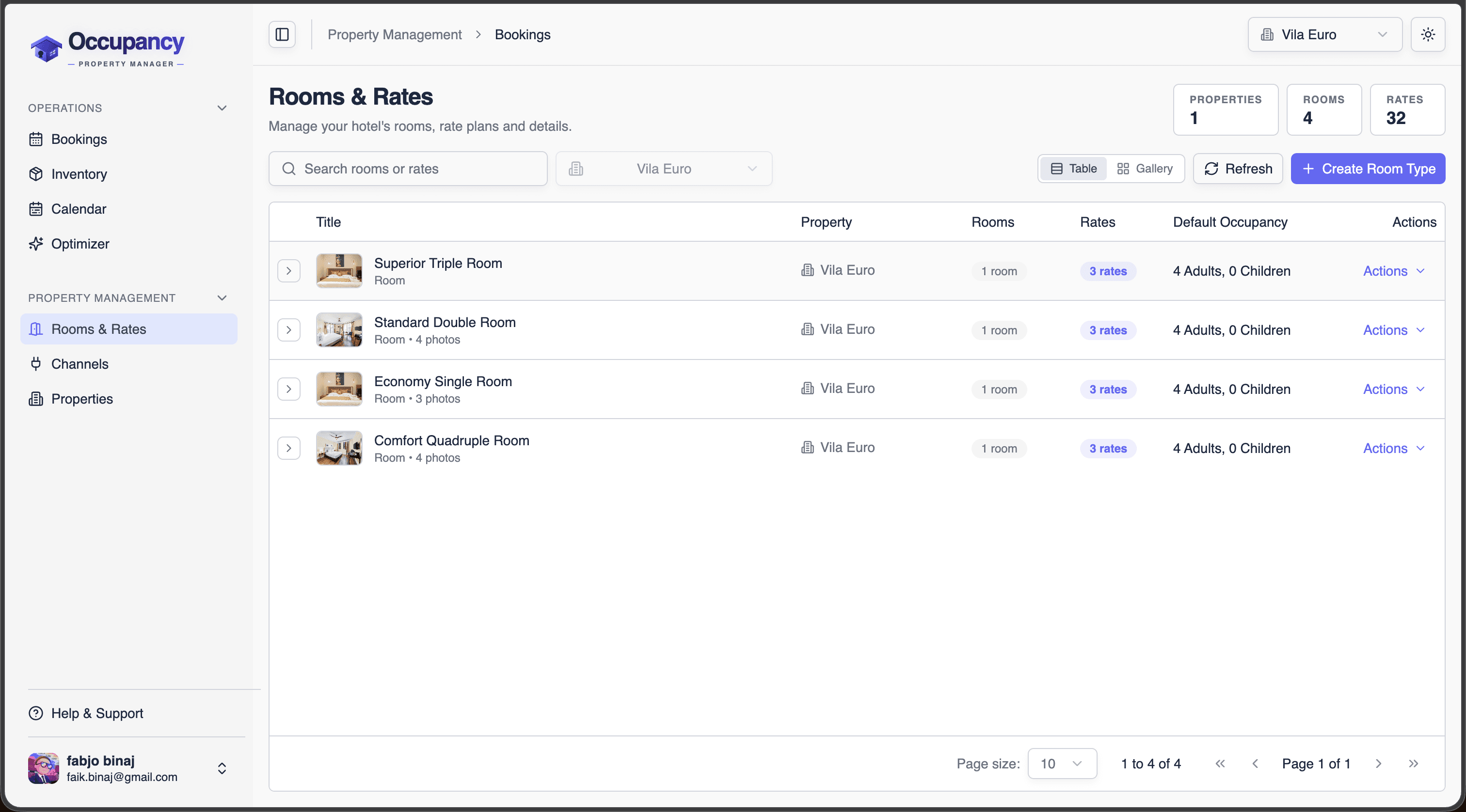 Rooms & rates screen listing room types, units and rate plans